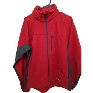 REI Men's Red & Gray Softshell Jacket With Hood Full-Zip Front Chest Pocket Size